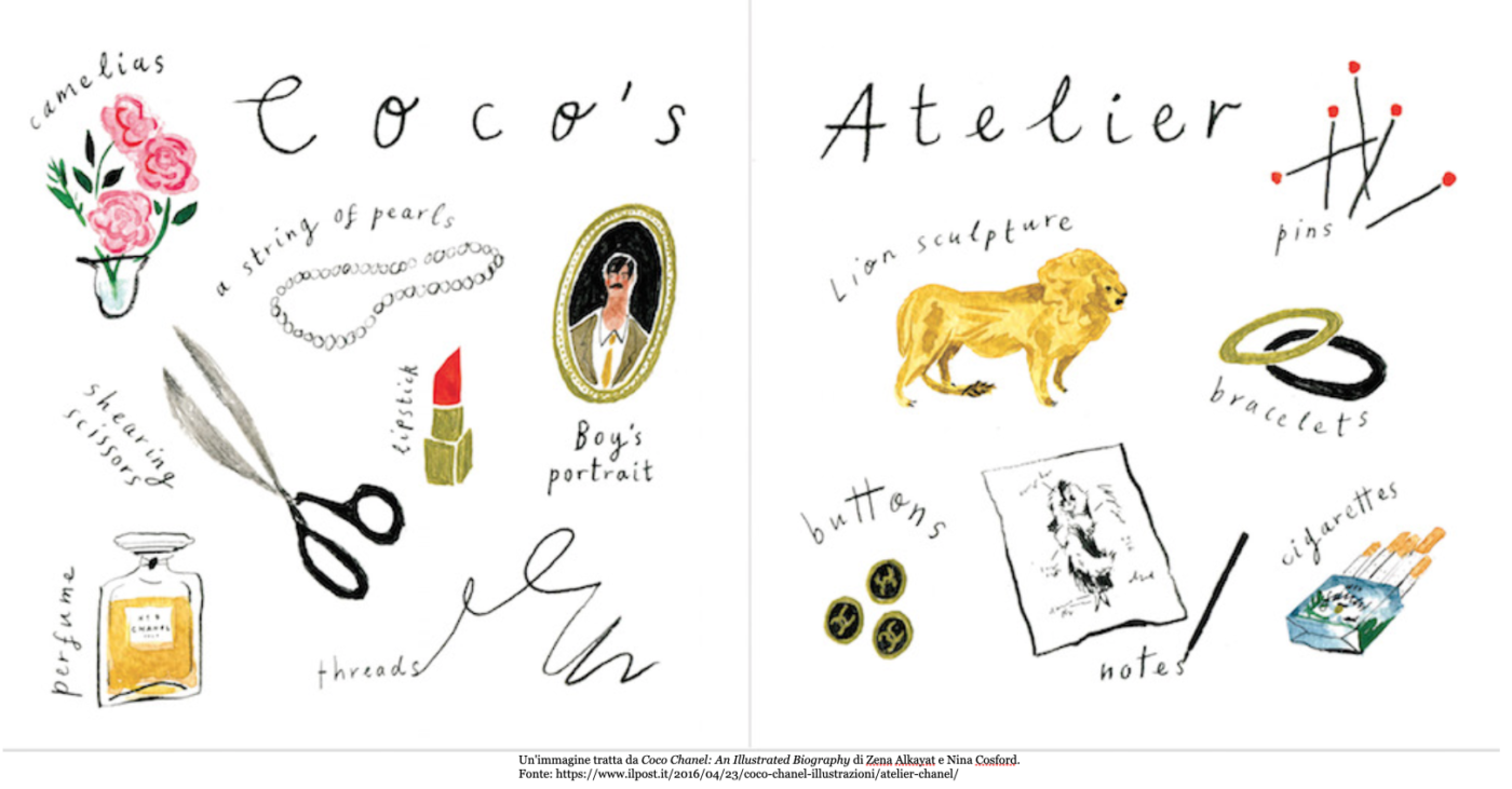 Un'immagine tratta da Coco Chanel: An Illustrated Biography di Zena Alkayat e Nina Cosford. Fonte: https://www.ilpost.it/2016/04/23/coco-chanel-illustrazioni/atelier-chanel/